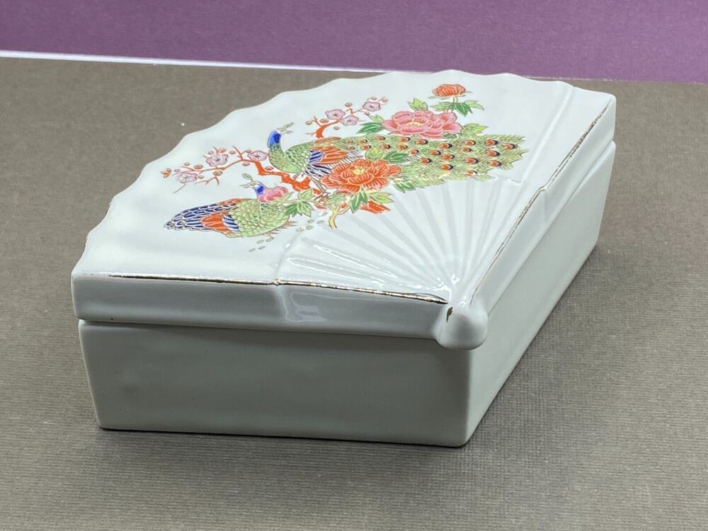 Vintage Porcelain Peacocks Japanese Asahi Fan Trinket Small Jewelry Box